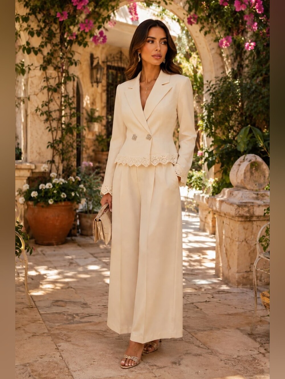 MC 1 Elegant Cream Wide-Leg Blazwr Pant Set with Lace-Trim Dpuble Buttons Blazer
